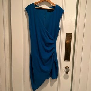 Adelyn Rae dress - wrap style, gathered left side and assymetrical hemline. Blue